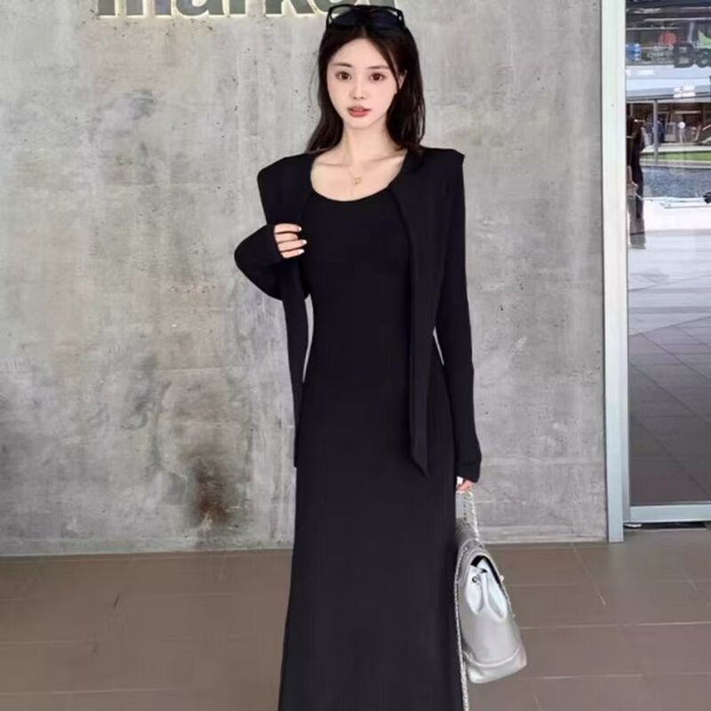 2025年新款纯色欧阳早秋慵懒长裙修身女通勤收腰设计感显瘦连衣裙|undefined