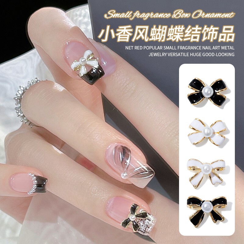 Chanel Style Nail Art Jewelry Pearl Bow Simple Black and White French Nail Diamond Alloy Decoration Internet Celebrant New Style