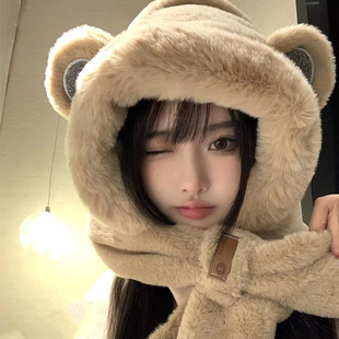 Wholesale plush warm Korean tide bear ear protection hat scarf all-in-one women's autumn and winter all-match cute one-piece hat