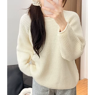 白色套头毛衣女款秋冬2026新款内搭打底衫外穿慵懒风圆领针织上衣
