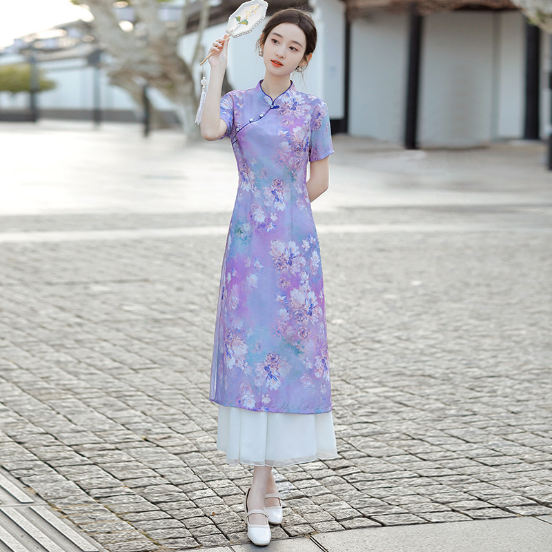 Chinese Dresses retro cheongsam Qipao Tang suit embroidered restoring ancient ways of Chinese tea art wind two-piece cheongsam of the republic of China