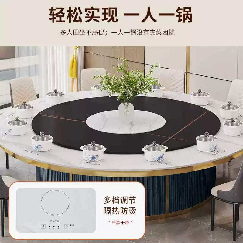 ✅ Электрический большой круглый стол для горячего горшка, индукционная плита, встроенный сланцевый обеденный стол для отеля, клуба и стулья, скрытые для одного человека