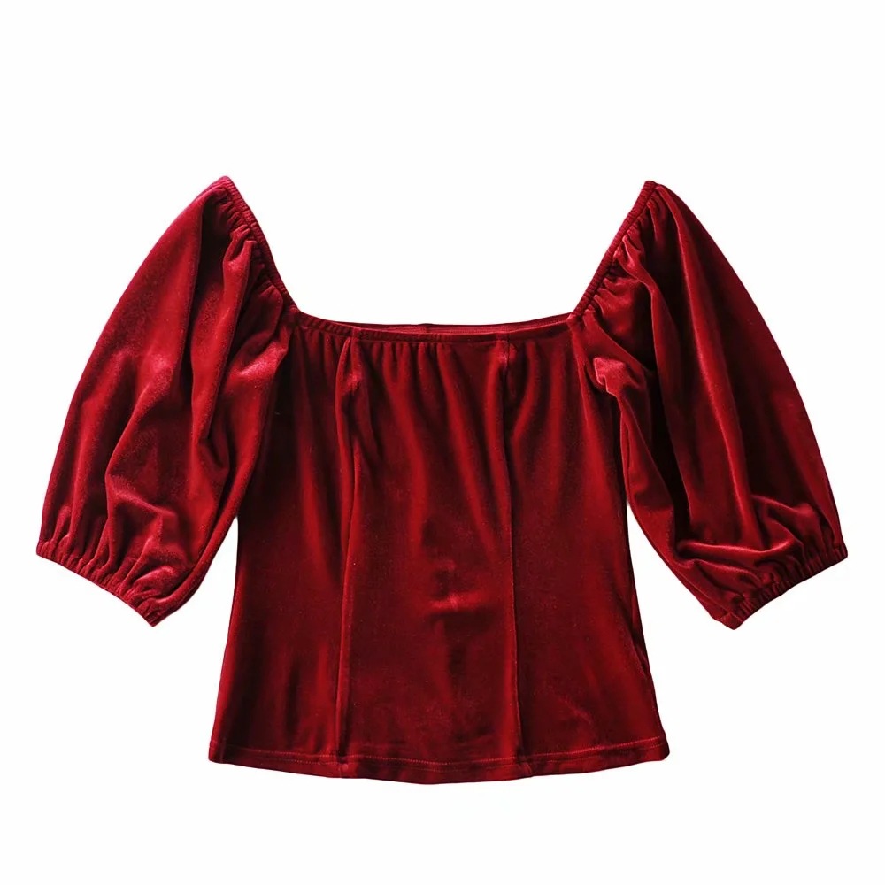 fashion retro square collar puff sleeve velvet T-shirt NSAC21230