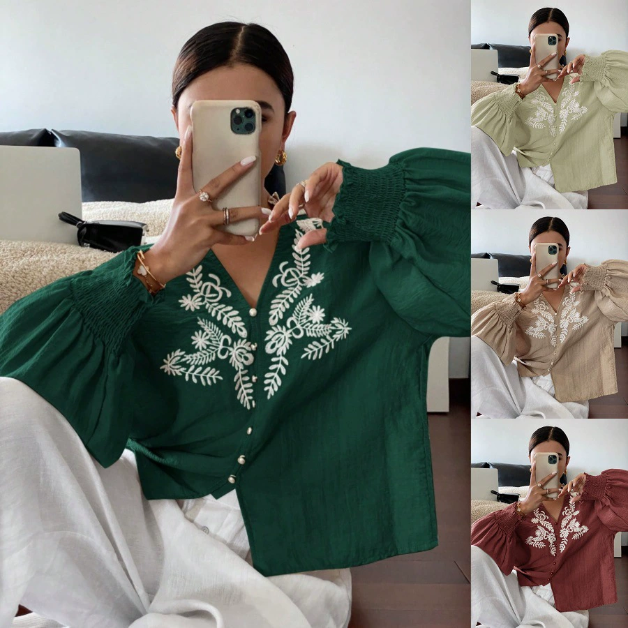 2025 Европейская и американская женская одежда для трансграничных продаж на Amazon, новая осенняя рубашка-кардиган с длинным рукавом, вышивкой цветов и пуговицами