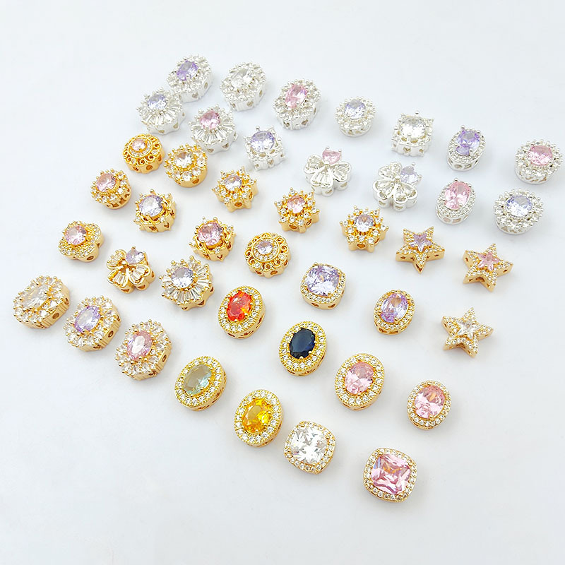Copper Gold-Plated Micro-Paved Zircon Round Square Four-Leaf Flower Porous Spacer Beads Handmade Double-Row Pearl Bracelet Beading Material