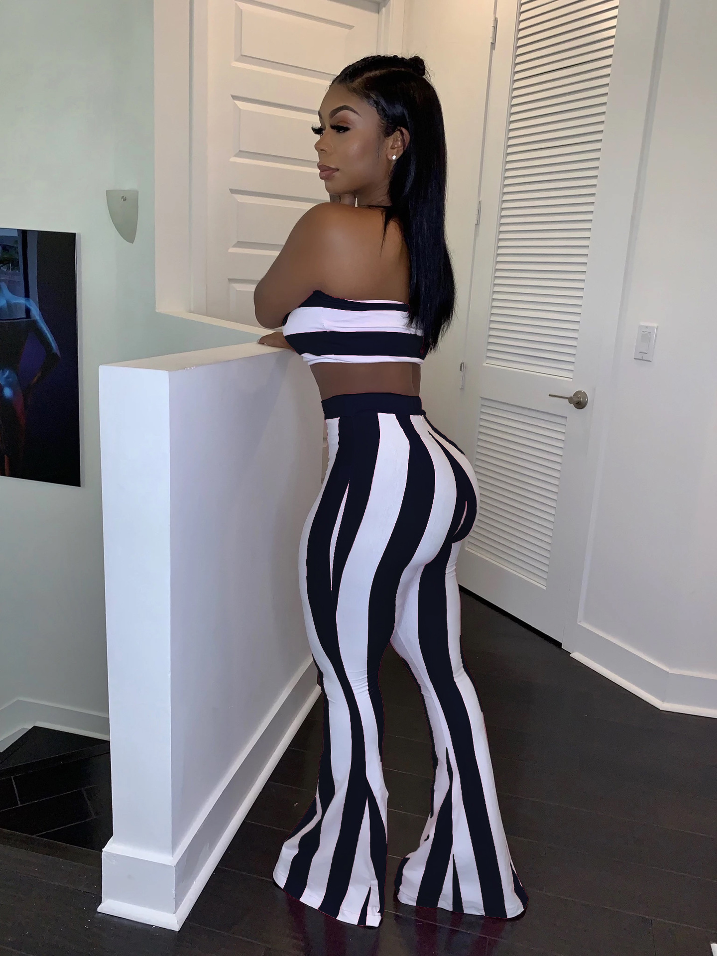 Damen Bandeau Oberteil Und Schlaghose Im Streifenlook Set_voghion.com