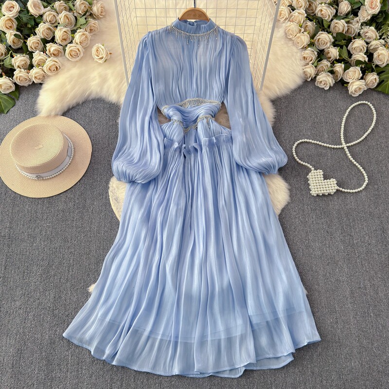 2025 Spring New Style French High-End Style Small Fragrant Style Diamond-Encrusted Tassel Pleated Waist Long Dress Trendy