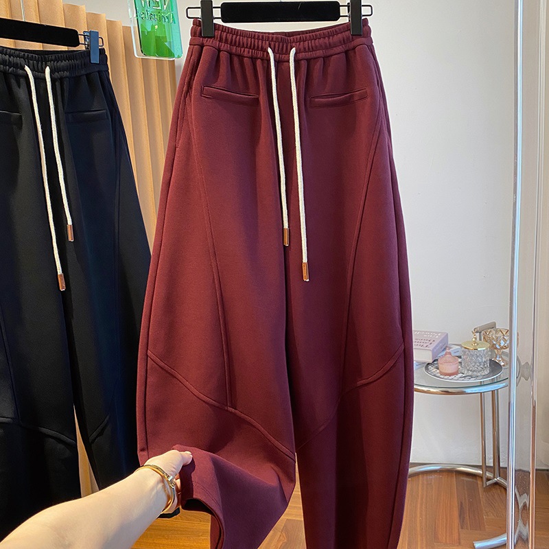 ANCOLA RED 기모 바나나 바지 여성의 가을과 겨울 2024 새로운 느슨한 가시가 바지 낫 바지 빨간 바지