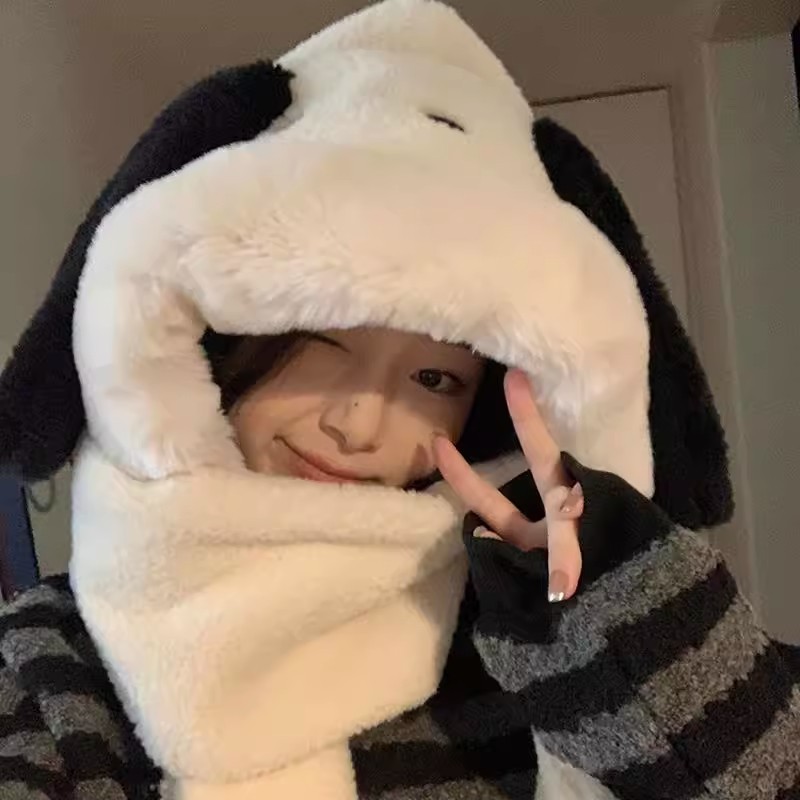 可爱帕恰狗毛绒连帽围脖一体三件套冬季保暖护耳帽子手套女款