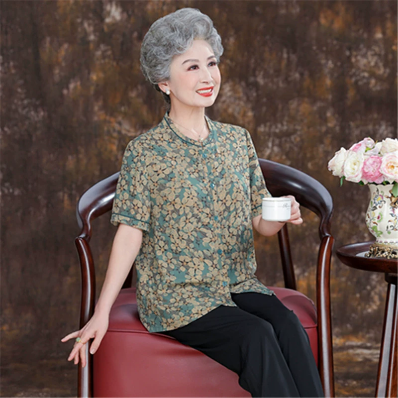 Бабушка короткая рубашка 2024 новый летний средний и пожилой женский короткий рукав свекровь домашний тонкий костюм мама