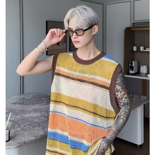 2025 American Stripesd Contrasting Color Loose Sleeveless Vest Knitted T-Shirt Summer Trendy Brand High Street Niche Cut Out Top