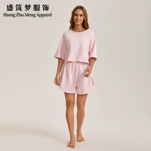 Женская пижама (Sheng Zhu Meng), 100% хлопок, топ с коротким рукавом и шорты, фуксия