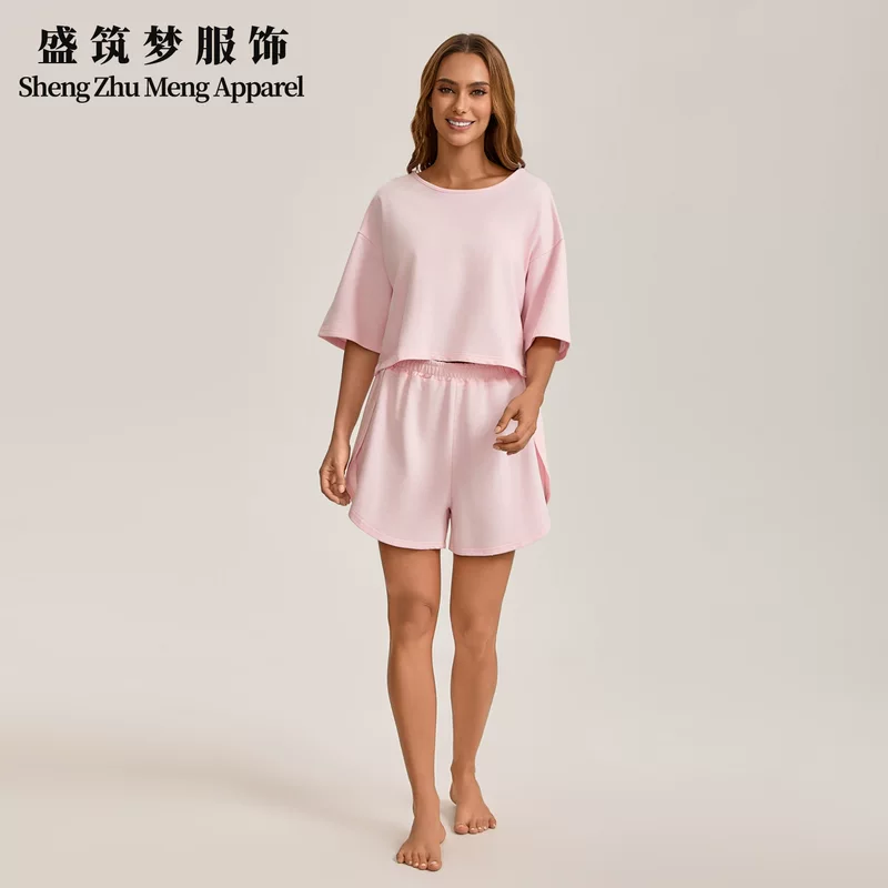 Женская пижама (Sheng Zhu Meng), 100% хлопок, топ с коротким рукавом и шорты, фуксия