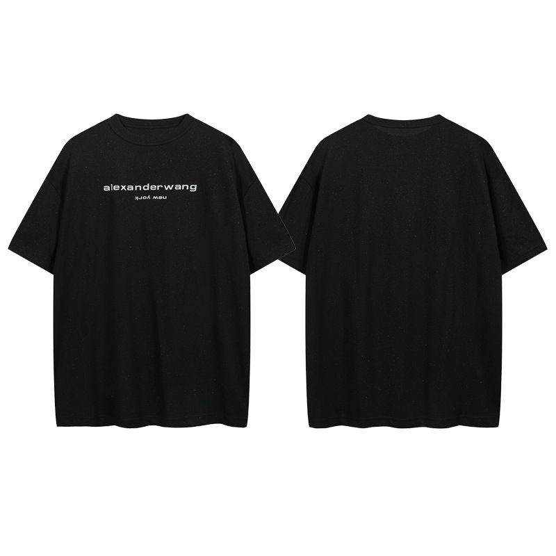 夏のハイストリートファッションブランドAWグリッター厚板レターメンズとレディースカジュアルルーズラウンドネック半袖Tシャツ|undefined