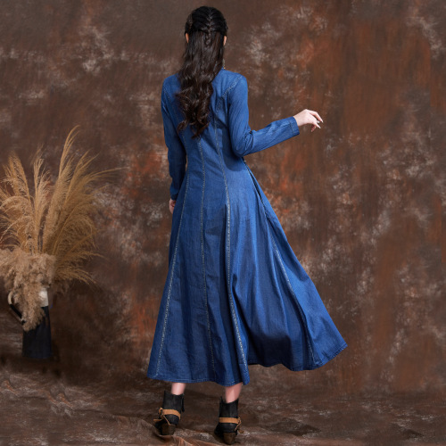 chinese style denim dress Women Fashion Retro Chinese Style Short Sleeve A-line Dress Summer Denim Dress