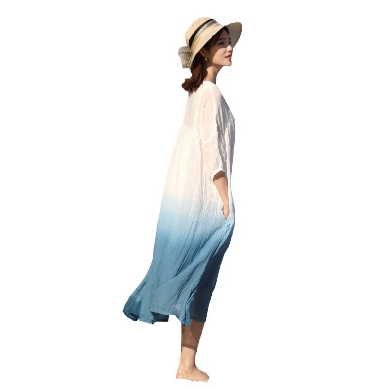 2024 Summer Loose Plus-Size Robe, Chinese Style Gradient Lightweight Ramie Zen Tea Dress, Double-Layered Large Hem Skirt_ecoleips.com