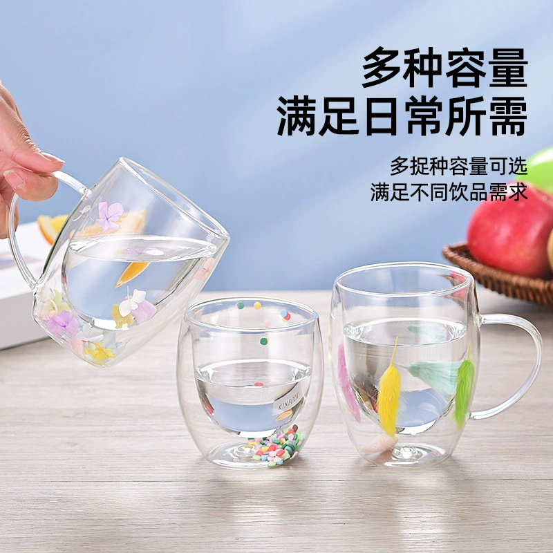 Cross -border double -layer glass dried sand dry flower cup high borosilized glass double -layer cup milk coffee cup household drinking water cup