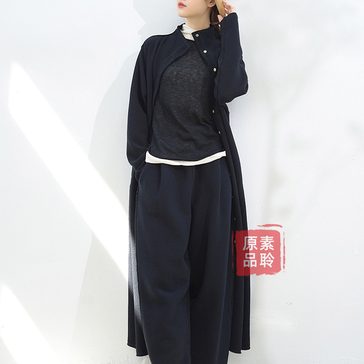 Artistic Double Air Layer Knitted Super Elastic Cocoon Long Windbreaker Elegant Loose Coat with Collar Spring and Autumn S1352