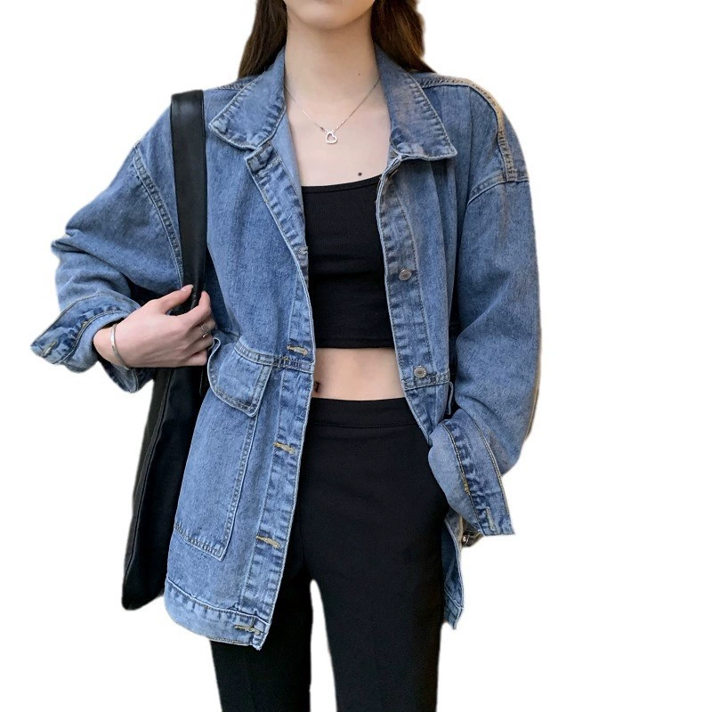 Джинсовая куртка женская, ретро корейский стиль, длинный рукав, осенняя оверсайз