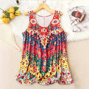 Cross-Border European and American 2025 Women's Summer Casual V-Neck Button-Up Vacation Style Printed Tank Top