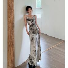 复古水墨画无袖吊带连衣裙女夏季御姐轻熟风荡领性感包臀鱼尾长裙