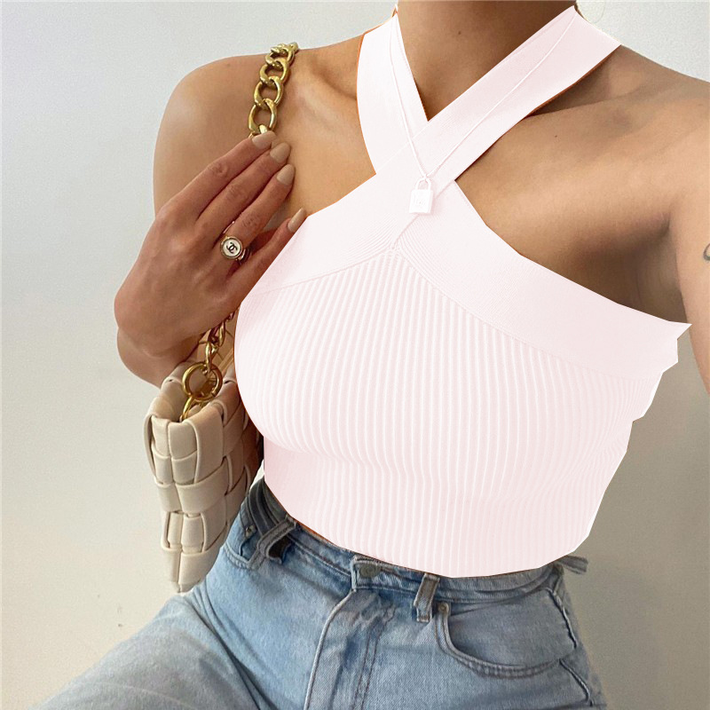 182g Weight Spandex Fabric Type Short Top Length Halter Crisscross Tank Tops Type Holiday, Street Occasion Halter Neck Neckline Slim Fit Type Solid Color Pattern Summer, Spring Season Women's Gender Backless Design Streetwear Style Wholesale Women's Streetwear Solid Color Backless Tank Tops 21