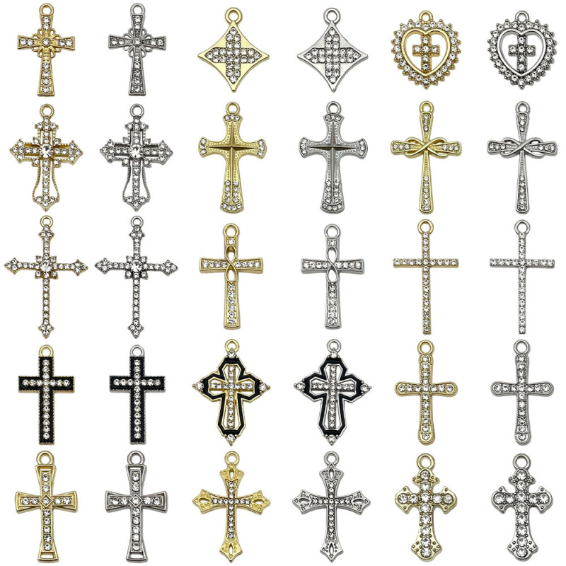 Diamond-Encrusted Alloy Vintage Cross DIY Necklace Bracelet Pendant Keychain Ornament Accessories Foreign Trade Cross-Border