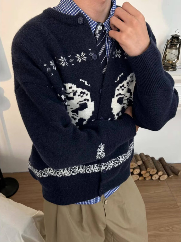 美式复古费尔岛慵懒风毛衣男秋冬季休闲宽松休闲针织情侣开衫外套|undefined