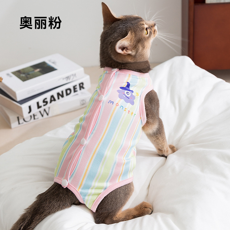 Gato primavera y verano mascota transpirable gata ropa de destete pequeño monstruo ropa de esterilización a rayas para proteger heridas ropa de gato después de la cirugía