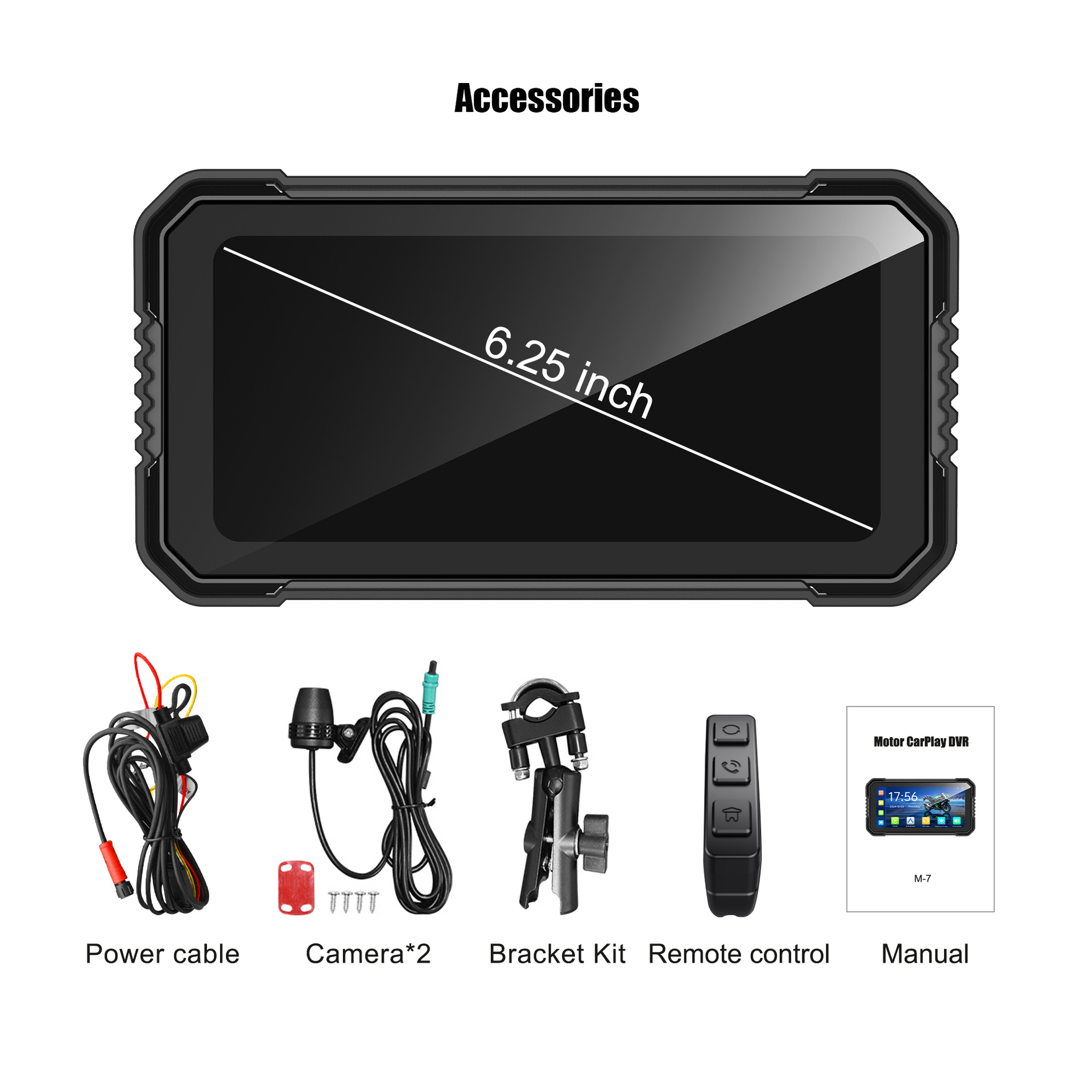 7inch Motorcycle Dashcam with Front and Rear Dual Lenses, High-Definition Carplay Motorcycle Navigation Recorder
