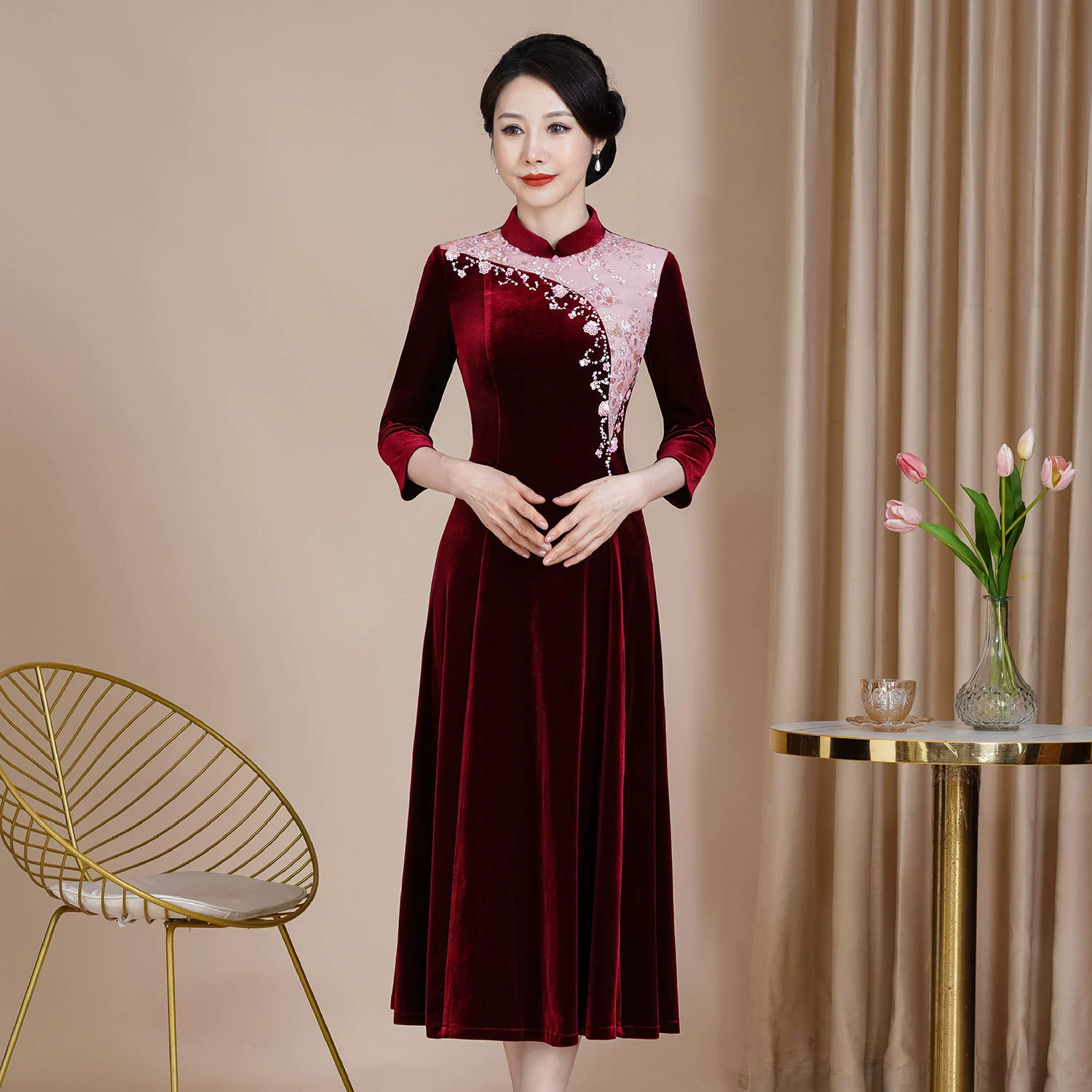 Шэньчжэнь благородный бархатный чонсам платье улучшено