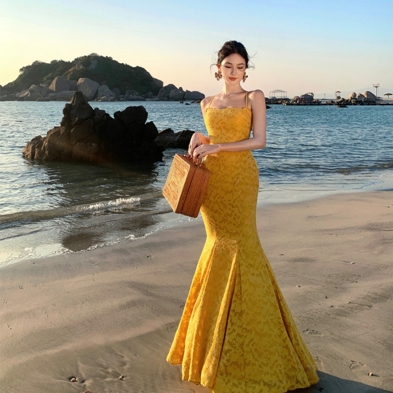 French-Style Sexy Beach Vacation Photo Shoot Figure-Flattering Lace Strap Floral Print Extra-Long Mermaid Dress Gown