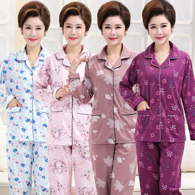 [Plus size] mamá de mediana edad y ancianos pijamas de manga larga de las mujeres de edad avanzada primavera y otoño ropa de hogar traje de Cardigan de verano