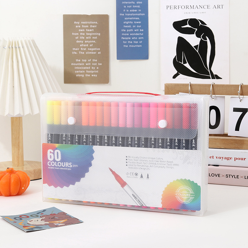 Pluma de acuarela de doble cabeza transfronteriza, pintura artística, línea de gancho, rotulador de color, juego de pinceles de cabeza suave de graffiti para niños respetuosos con el medio ambiente