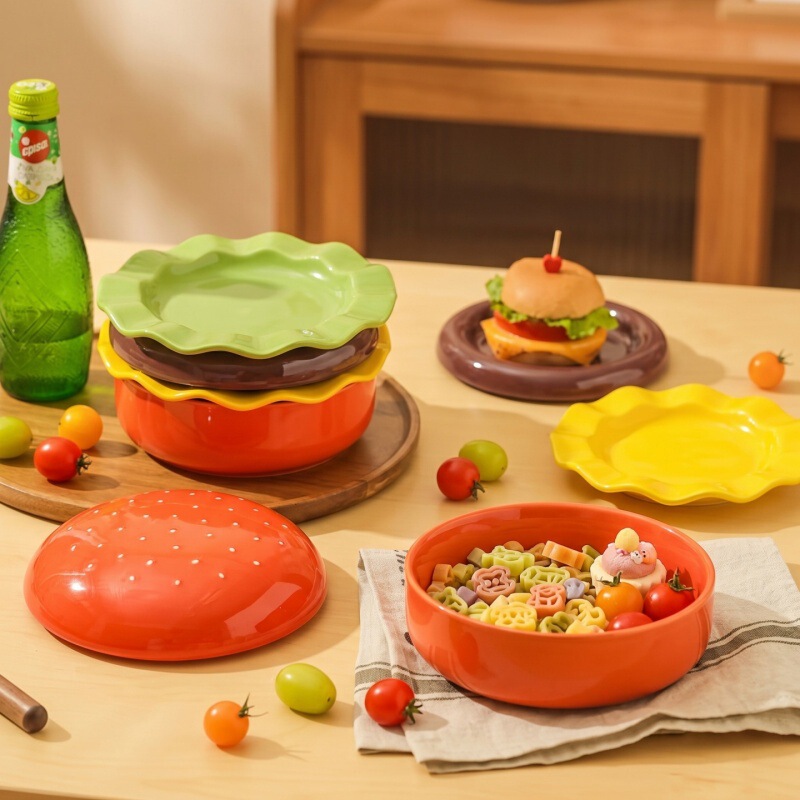Cartoon-style hamburger ceramic tableware set for home use, including rice bowls, dessert plates, snack plates, bone dish, bowls, plates, and dishes wholesale Cartoon-style hamburger ceramic tableware set for home use, including rice bowls, dessert plates, snack plates, bone dish, bowls, plates, and dishes wholesale