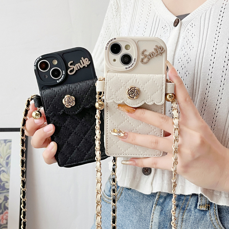 Iphone17Pro Phone Case Is Suitable for Apple 15Plus Crossbody Chain 16 Coin Purse Card Holder Camellia Letter Design