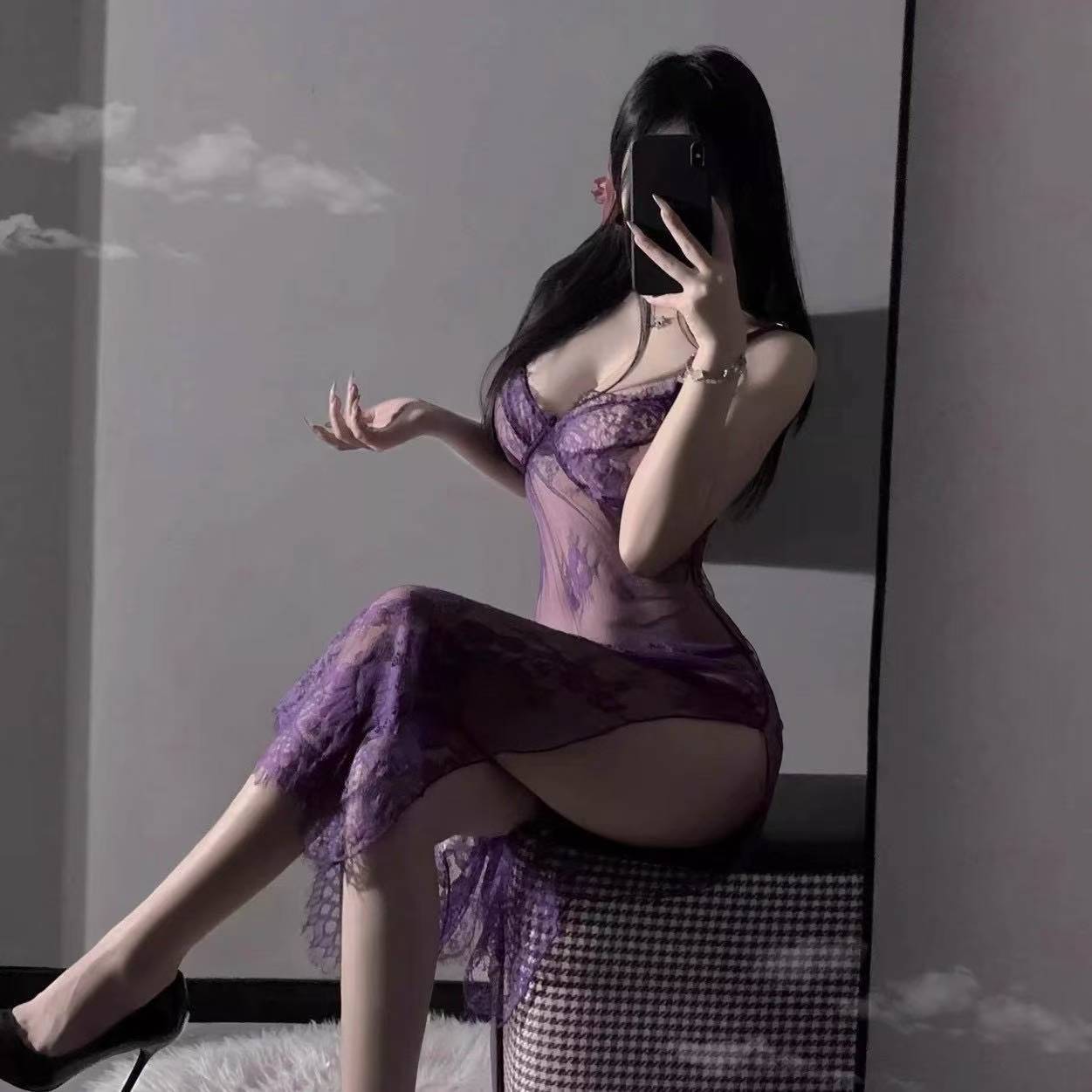 Purple See-Through Lace Lingerie Set with High-Slit Long Skirt and Suspenders — detail image 6