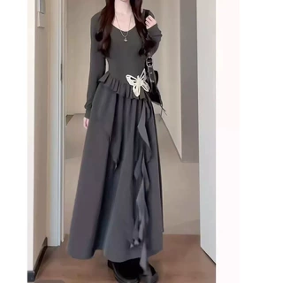 大码法式小黑裙不规则高级感连衣裙女秋季胖MM遮肚子显瘦长袖裙子