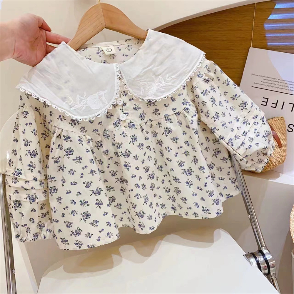 童装铺女童大翻领绣花碎花小衫2023春秋季新款韩版女宝时尚上衣潮