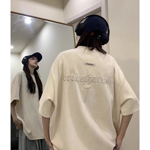 Summer American Retro Short Sleeve T-Shirt for Men, Cool and Stylish Embroidered Streetwear Brand Loose Faux Fur Half-Sleeve T-Shirt