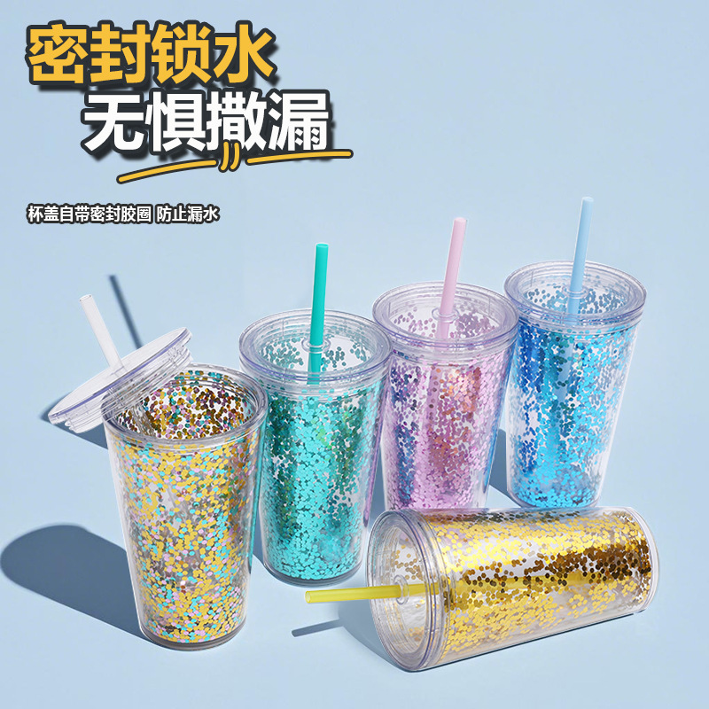 Pajita de plástico de doble capa con logotipo, taza de té con leche, taza simple y portátil, taza de té de frutas con lentejuelas, taza de verano