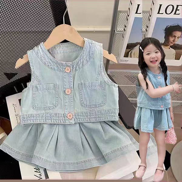 Children's Clothing 2026 Summer New Style Girls' French Retro Denim Dress Set, Elegant Ladylike Dress for Girls and Babies