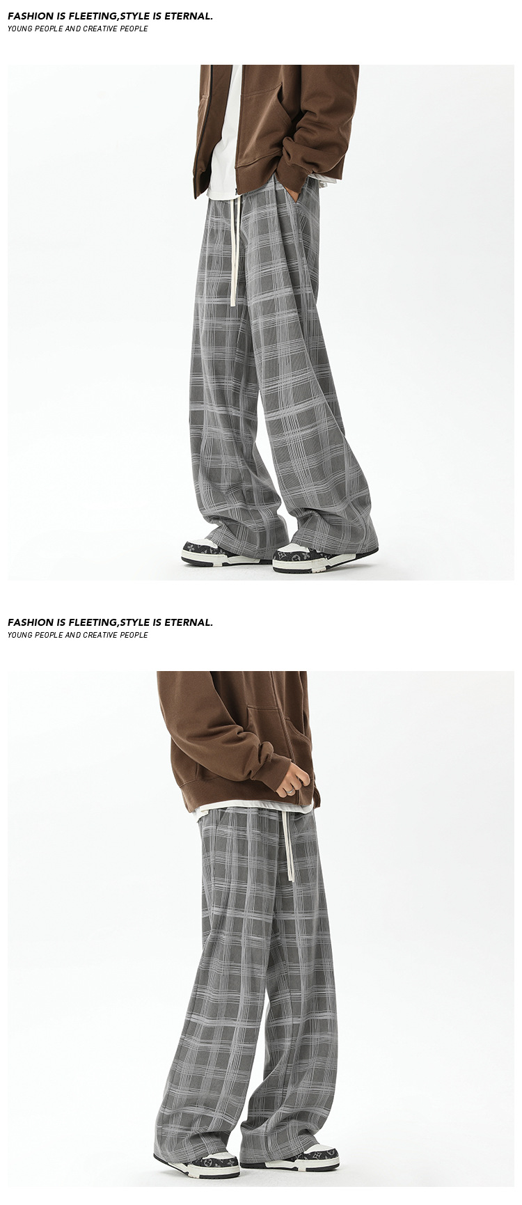 Men's Corduroy Plaid Casual Pants Loose-fit Straight Wide-leg_voghion.com