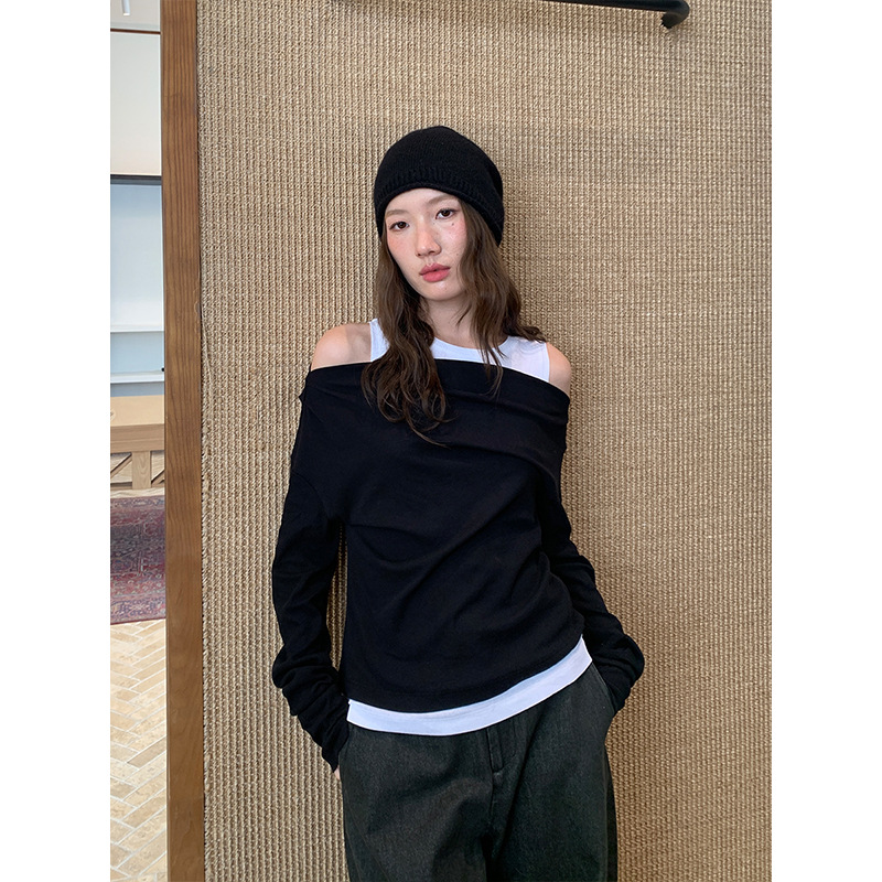 THE MIND假两件露肩撞色长袖T恤女2025秋冬韩系设计感上衣T5679Q