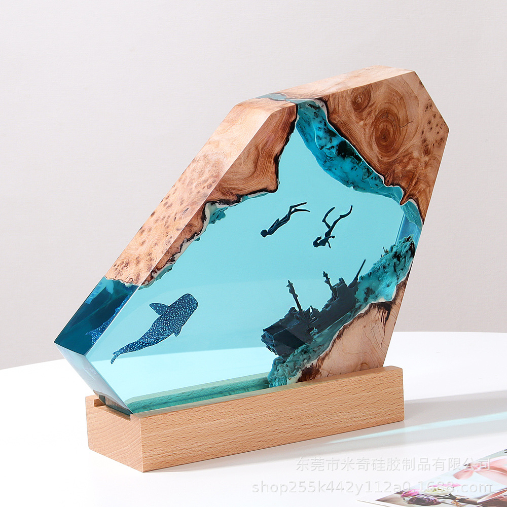 家庭装飾品寝室オフィスデスクトップ沈船サメクジラ海洋芸術置物プレゼント実木樹脂ナイトライト