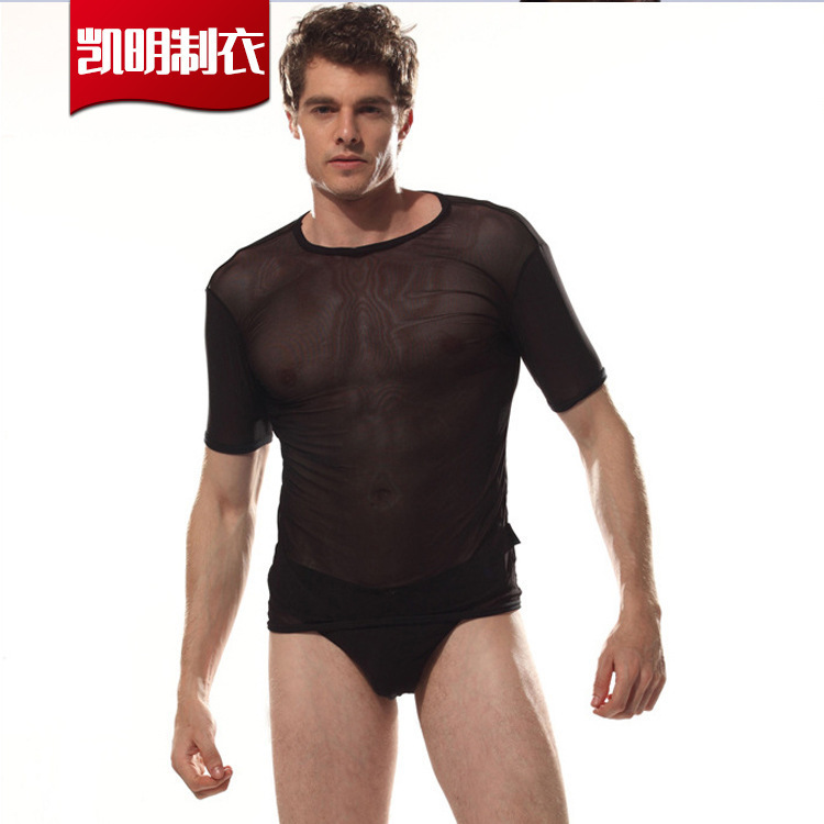 男士内衣性感紧身全透明网纱清凉夏季男式T恤黑色 清仓价