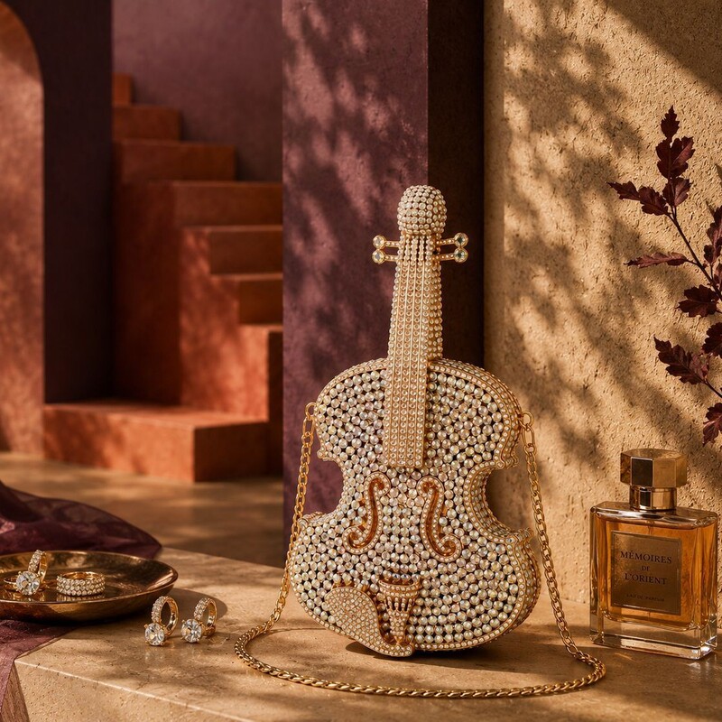 Clutch bag, creative violin design, fully encrusted with AB diamonds, suitable for parties and banquets, ladies' handbag, evening bag