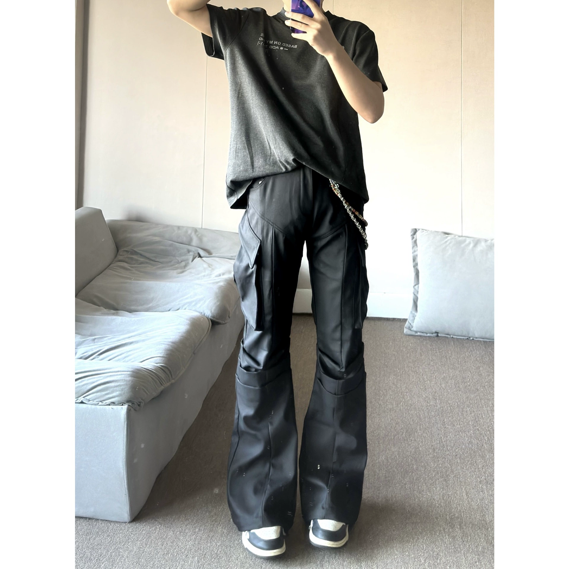 clanfit черные брюки-карго в американском стиле со складками, большой расклешенный костюм, мужские брюки длиной до пола