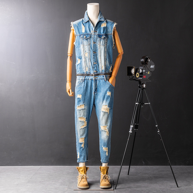 American Retro Denim Vest Set Men's Trendy Brand Washed Ripped Detachable Jumpsuit Men's Romper