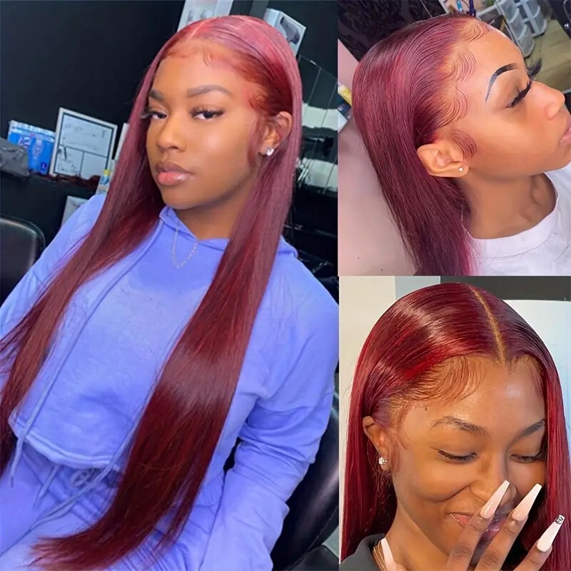African Women's Wigs Hot-Selling Front Lace 13*4 Burgundy Straight Hair Wig Amazon Bestseller